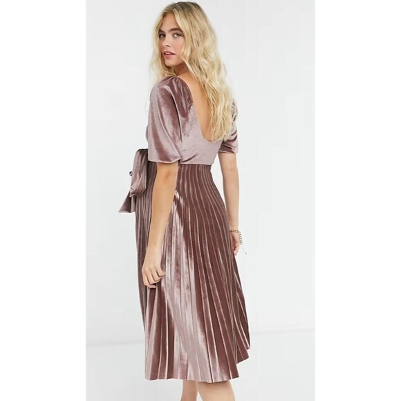 ASOS Maternity Dress Women 8 Velvet Pleat Midi Dusky Pink Holiday Fall Mauve - Picture 3 of 10